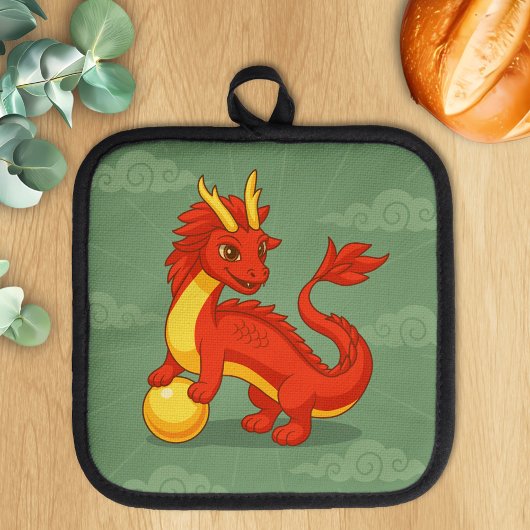 Roter chinesischer Drache auf Grün Topflappen