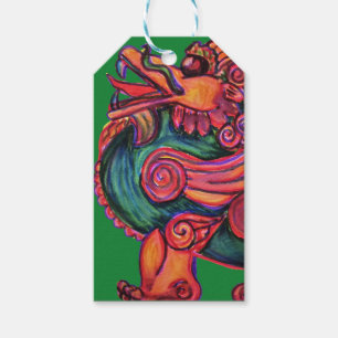 Roter chinesischer Löwe grün Geschenkanhänger