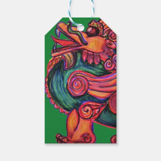 Roter chinesischer Löwe grün Geschenkanhänger (Vorderseite)