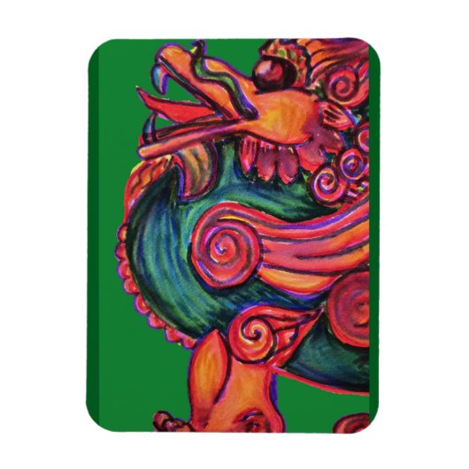 Roter chinesischer Löwe grün Magnet (Vertikal)