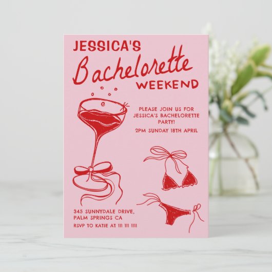 Roter Cocktail Bachelorette Wochenende Party Einladung (Stehend Vorderseite)