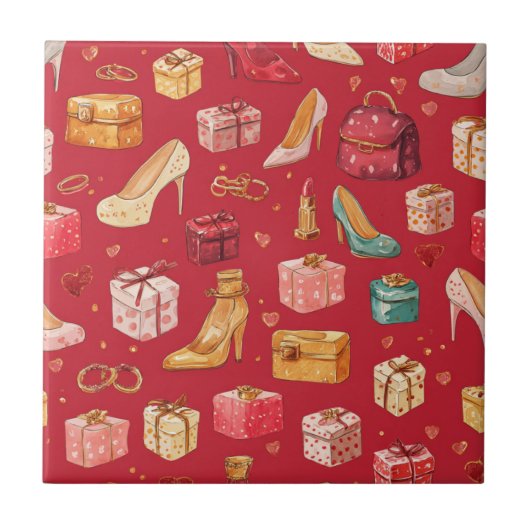 Roter Coquette-Weihnachts-Glamour-Muster Fliese (Vorderseite)
