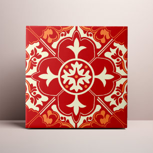 Roter Creme- und orangefarbener Azulejo-Mandala Fliese
