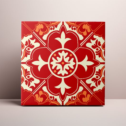 Roter Creme- und orangefarbener Azulejo-Mandala Fliese