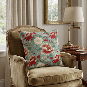 Roter, cremefarbener und grüner Blumen-Chinoiserie Kissen