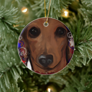 Roter Dachshund Keramik Ornament
