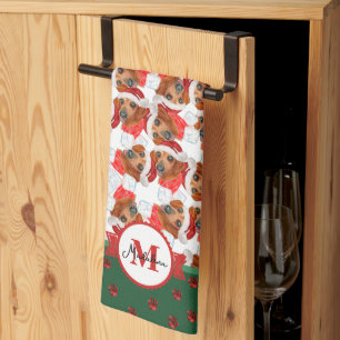 Roter Dachshund Muster Monogramm Weihnachten Hund Geschirrtuch
