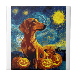 Roter Dachshund von van gogh Sternennacht Hallowee Fliese