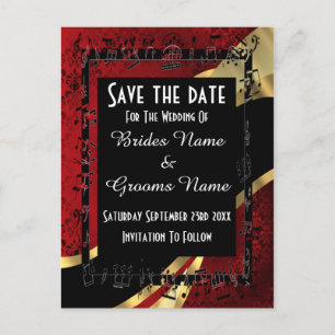 Roter Damast, Gold und Schwarz Save the Date Ankündigungspostkarte