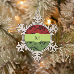 Roter Damast, grüner Damast, Monogramm Schneeflocken Zinn-Ornament
