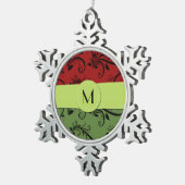 Roter Damast, grüner Damast, Monogramm Schneeflocken Zinn-Ornament (Rechts)