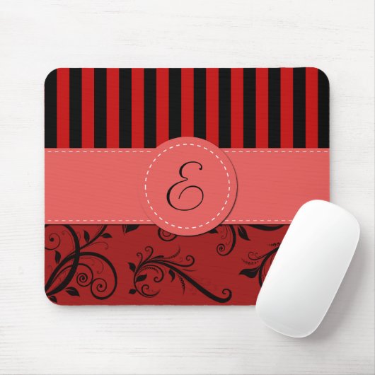Roter Damast, rote Streifen, Streifen, Monogramm Mousepad (Mit Mouse)