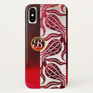 ROTER DAMAST-SAMT-TULPEN-MONOGRAMM Burgund Weiß iPhone X Hülle