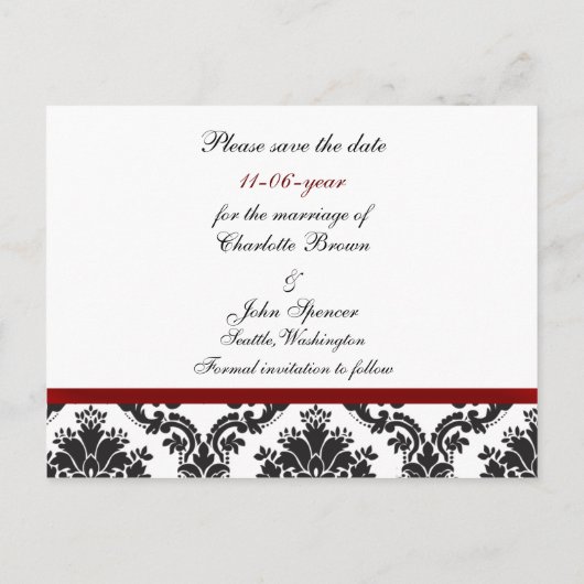 Roter Damast Save the Date Ankündigungspostkarte (Rückseite)