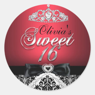Roter Damast & Schleifen-Sticker zum Sweet Sixteen Runder Aufkleber