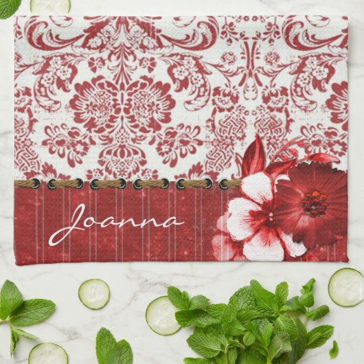 Roter Damast und Blume Geschirrtuch (Gefaltet)