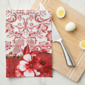 Roter Damast und Blume Geschirrtuch (Viertel Falte)