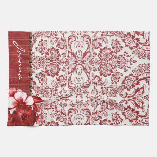 Roter Damast und Blume Geschirrtuch (Horizontal)