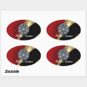 Roter Damast und Gold Ovaler Aufkleber (Blatt)