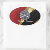 Roter Damast und Gold Ovaler Aufkleber (Tasche)