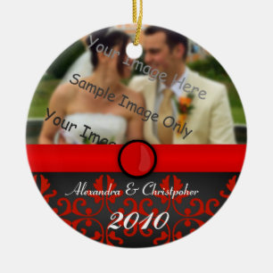 Roter Damast verbindet Foto-Weihnachtsverzierung Keramik Ornament