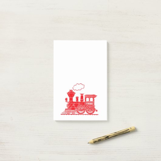 Roter Dampfzug mit dem Namen Grafikpost - Anmerkun Post-it Klebezettel (Auf Schreibtisch)