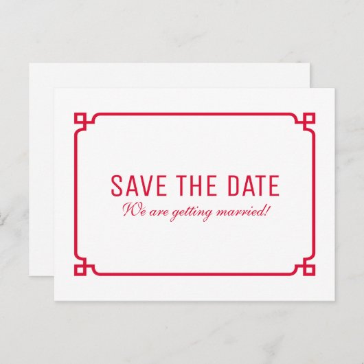 Roter Deko Chic Save the Date Postkarte (Vorne/Hinten)