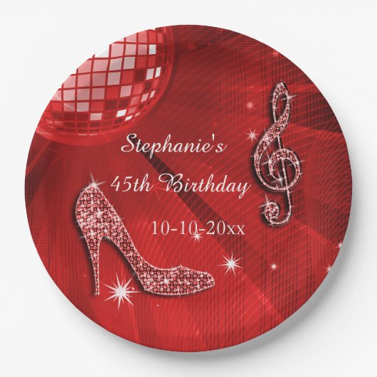 Roter Disco-Ball und Heels-45. Geburtstag Pappteller (Vorderseite)