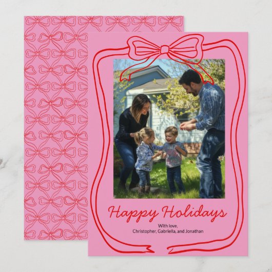 Roter Doodle Rahmen Rosa Foto Feiertagskarte (Vorne/Hinten)