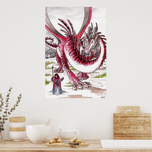 Roter Drache im Schneefall Poster (Küche)