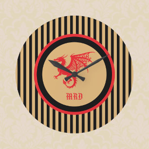Roter Drache mit königlichen gold-schwarzen Streif Große Wanduhr