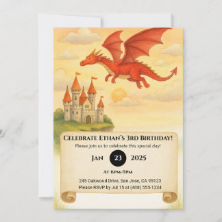 Roter Drache über Burg Scroll Geburtstag Einladung