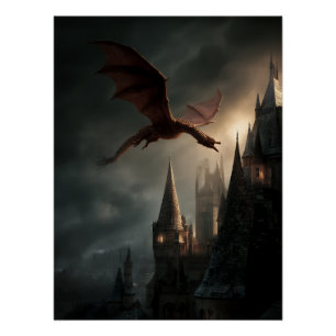 Roter Drache über gotischem Schloss Poster