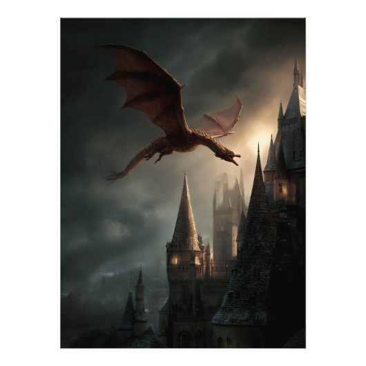 Roter Drache über gotischer Burg Fotodruck (Vorne)