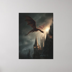 Roter Drache über gotischer Burg Leinwanddruck