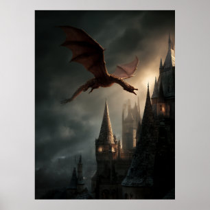 Roter Drache über gotischer Burg Poster