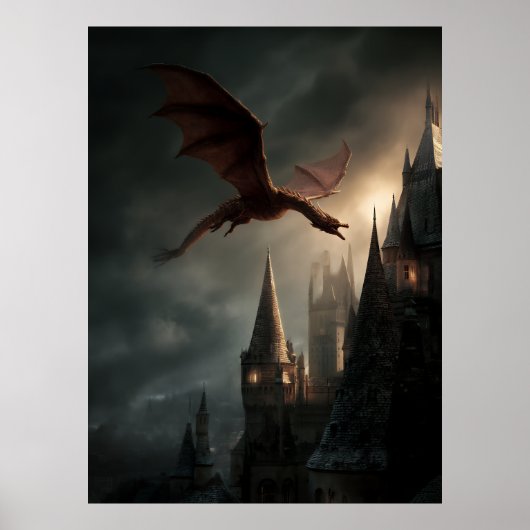 Roter Drache über gotischer Burg Poster (Vorne)