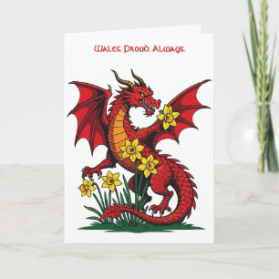 Roter Drache unter Narzissenblumen Karte
