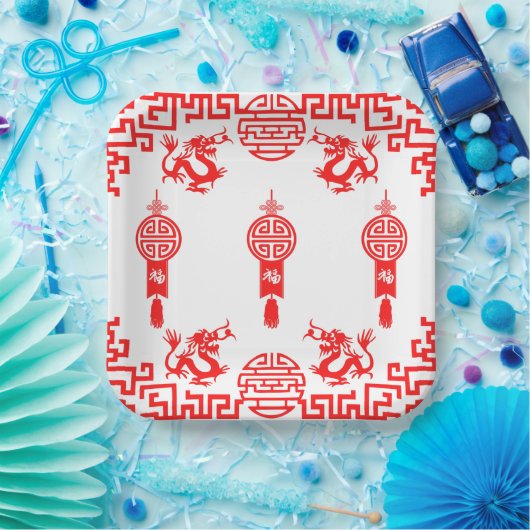 Roter Dragon Oriental Square Party Plate Pappteller (Party)