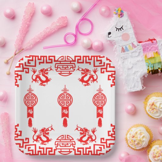 Roter Dragon Oriental Square Party Plate Pappteller (Party)