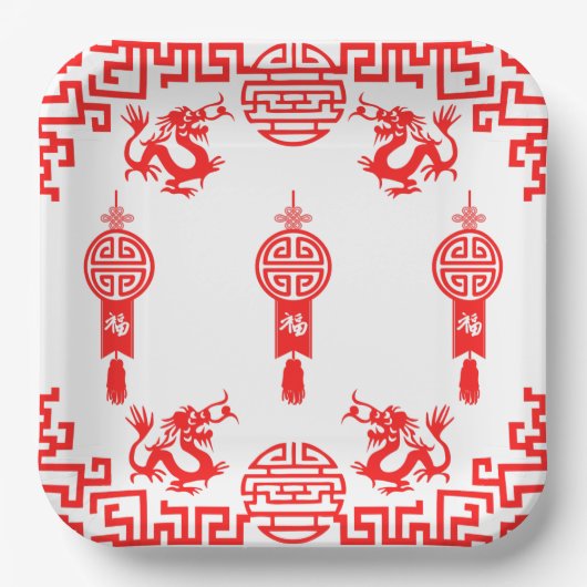 Roter Dragon Oriental Square Party Plate Pappteller (Vorderseite)