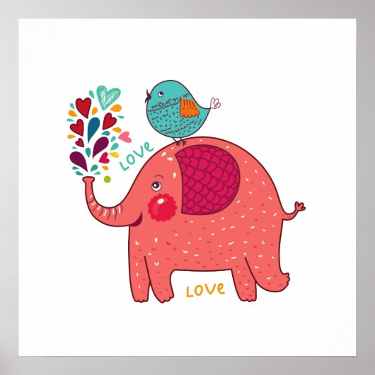 Roter Elefant und Vogel Poster (Vorne)