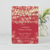 Roter, eleganter String leuchtet goldenes Funkeln Einladung (Stehend Vorderseite)