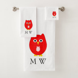 Roter Eulen-Design-Monogramm Badhandtuch Set