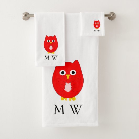 Roter Eulen-Design-Monogramm Badhandtuch Set (Insitu)