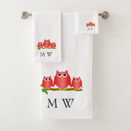 Roter Eulen-Design-Monogramm Badhandtuch Set