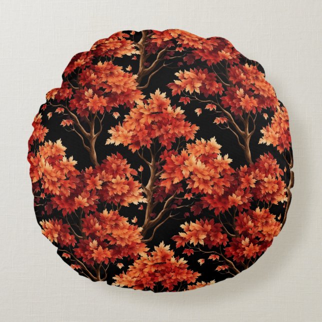 Roter Fall Ahornbaum Nahtloses Muster Grafik Rundes Kissen (Vorderseite)