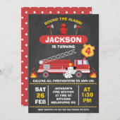 Roter Feuerwehrfeuer-Motor von Chalkboard Geburtst Einladung (Vorne/Hinten)