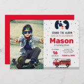 Roter Feuerwehrwagen Geburtstag Einladung mit Foto (Vorne/Hinten)