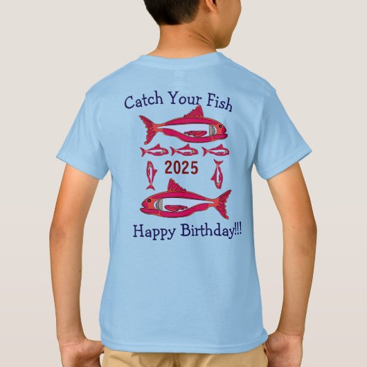 Roter Fisch für Kinder T - Shirt Happy Geburtstag (Rückseite)